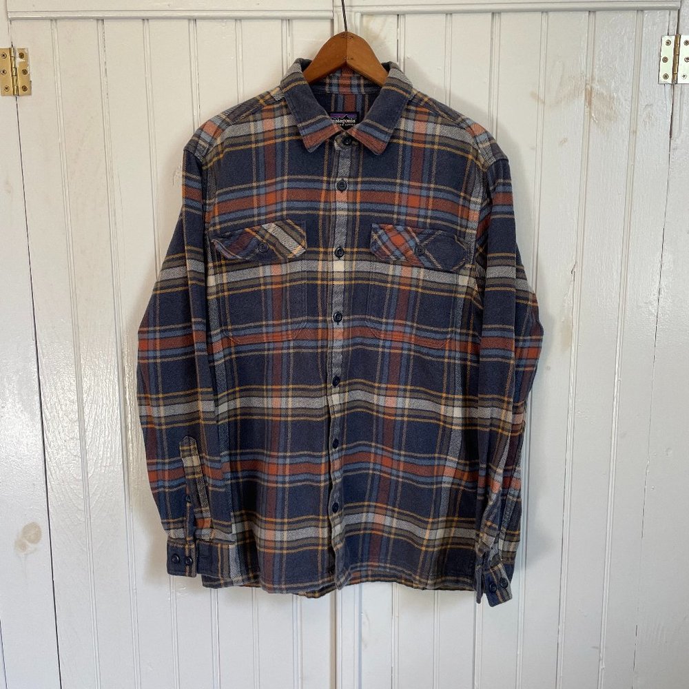 Patagonia Fjord Flannel Shirt Organic Cotton Blue Tan Mens Medium